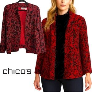 Chico's Travelers Red Rose Embroidered Blazer Jacket Size Large
